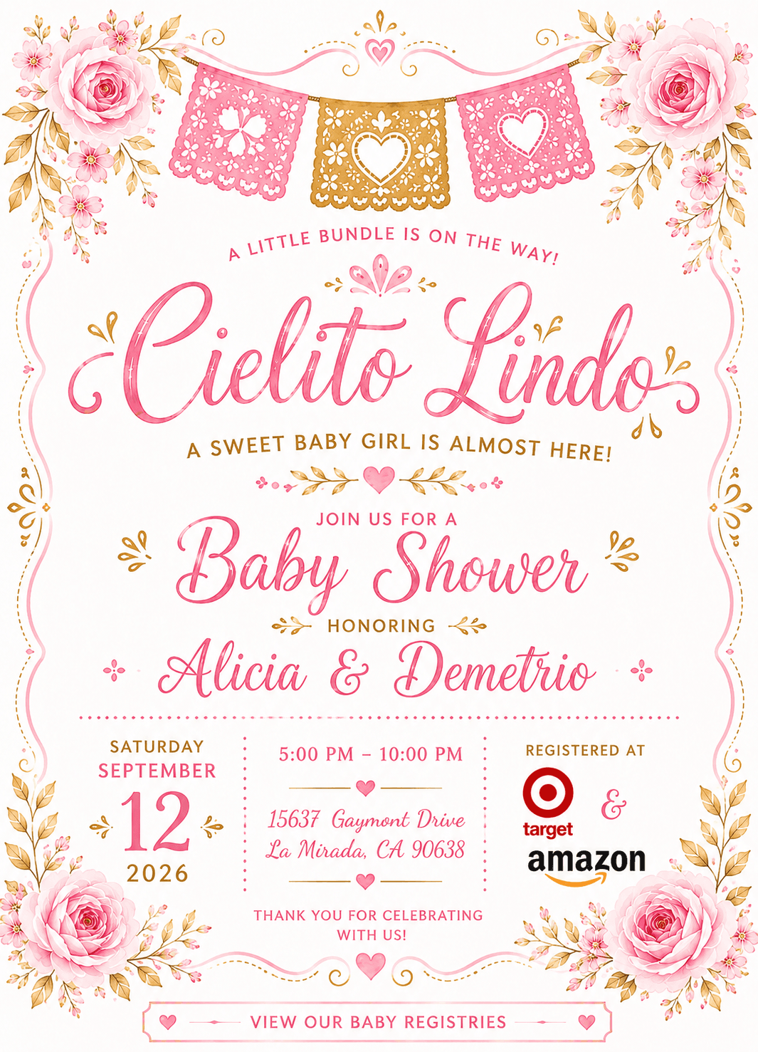 Cielito Lindo baby shower invitation honoring Alicia and Demetrio